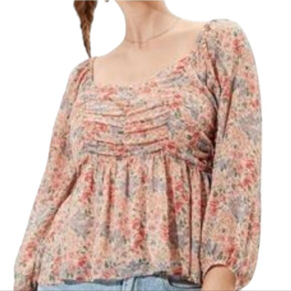 American Eagle Girly Boho Chic Chiffon Blouse Peach Floral Ruched Peplum Top S - Picture 2 of 13